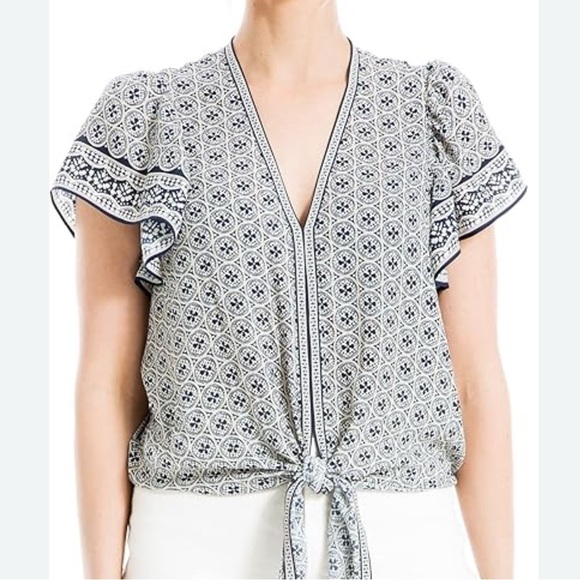 Max Studio Gray and White Flutter Sleeve Tie Front Blouse - Picture 1 of 6